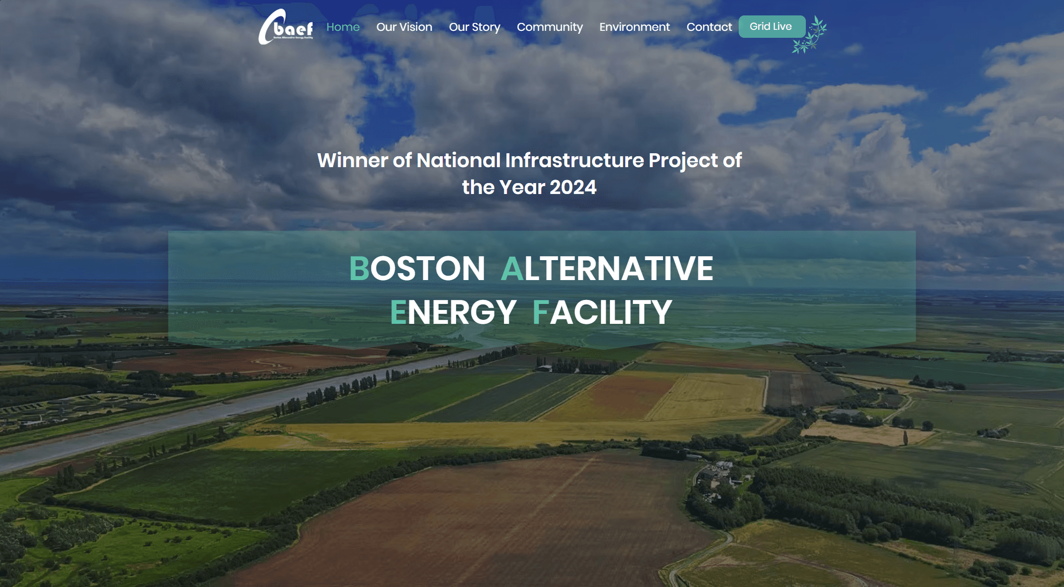 An enterprise showcase for a clean energy facility. The site highlights community impact through data visualization.