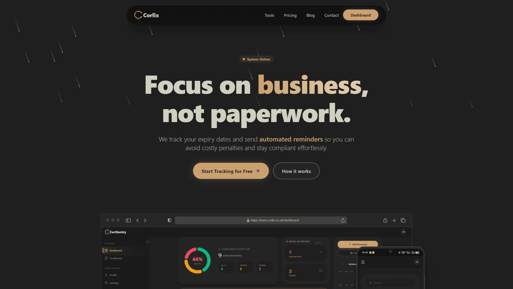 A comprehensive SaaS platform for automated compliance tracking. It handles licenses, certificates, and insurance with secure storage.